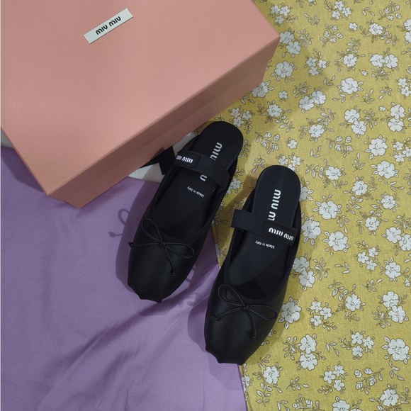 Miu Miu Shoes - Miu Miu Black Leather Ballet Mules